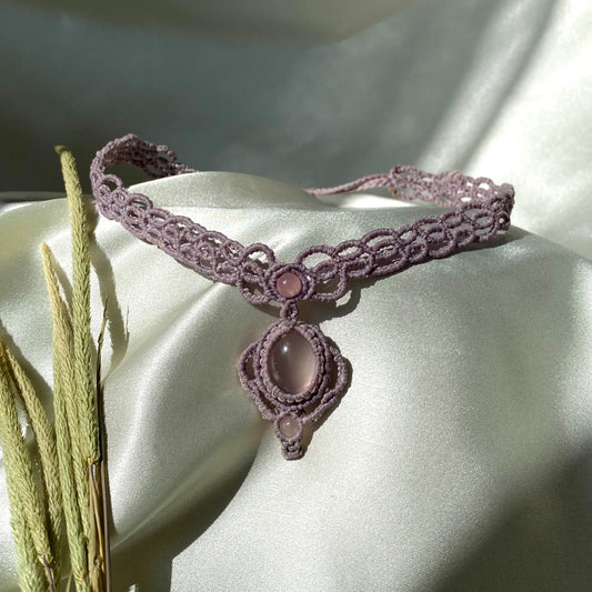 Makrome Pembe Kuvars Choker